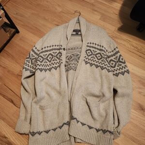 Eddie Bauer Beige Shawl Collar Cardigan with Gray Fair Isle
